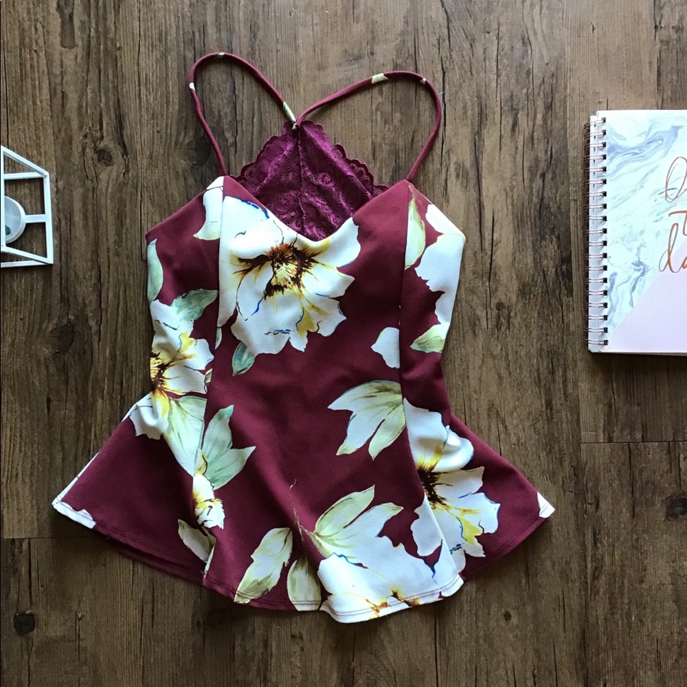 Maroon Floral Tank Top w/ Lace Insert